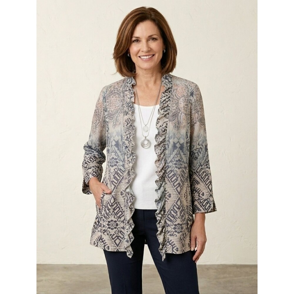 Chico's | Ruffle Front Linen Blend Open Cardigan Earthy Bohemian Coastal Chic XL